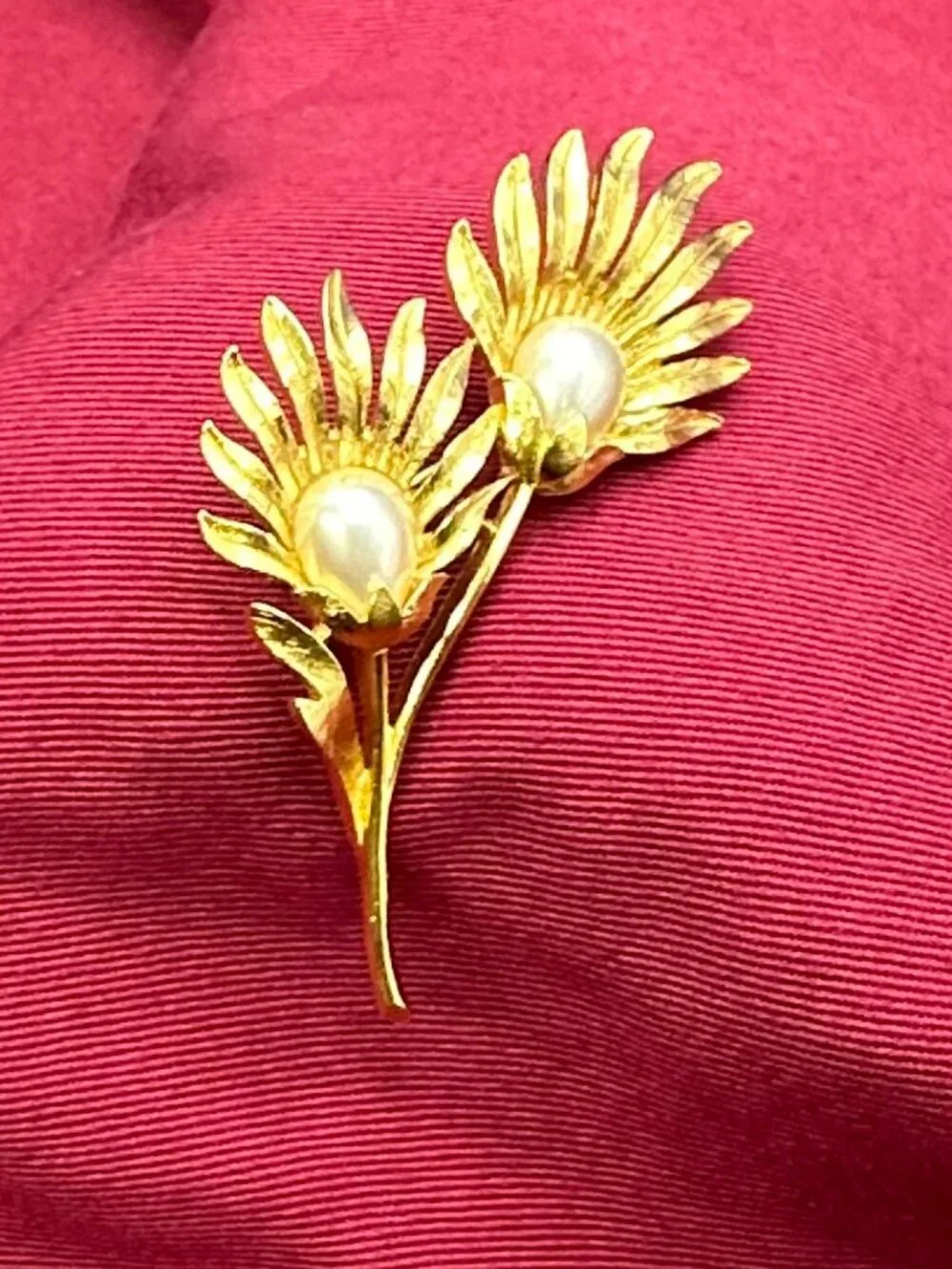VTG Trifari Gold-Plated Faux Pearl Floral Brooch